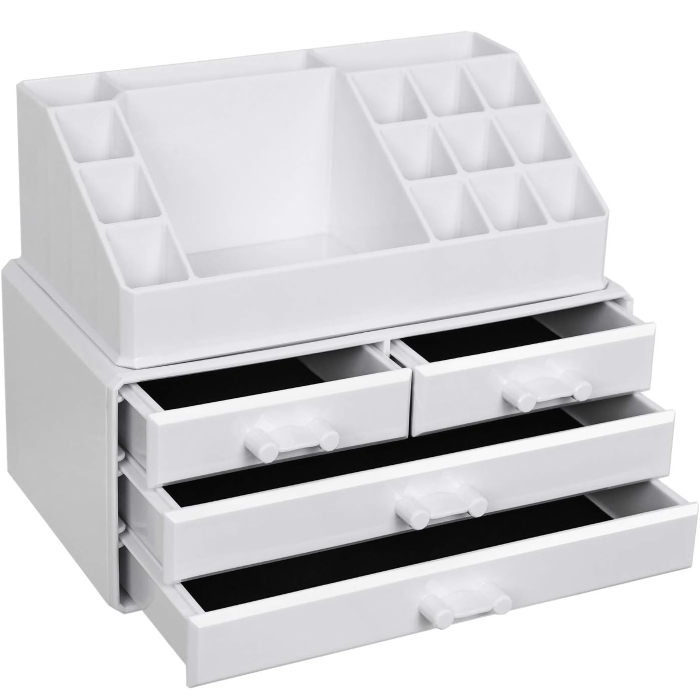 SONGMICS Organizator de cosmetice, cu 4 sertare si 16 compartimente de diferite dimensiuni, 24x14x19cm, alb [1]