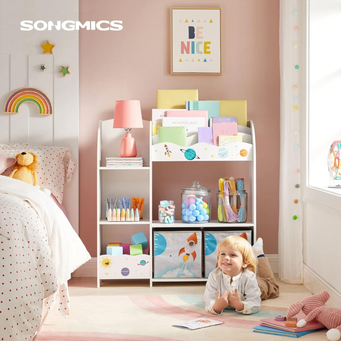 SONGMICS Organizator de jucarii si carti pentru copii, multifunctional cu 2 cutii de depozitare, 93x30x100cm, alb [3]