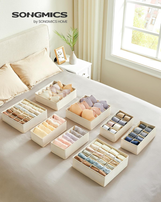 SONGMICS Organizator lenjerie set 8 cutii pliabile din material textil, pentru sertare si dulap, bej [7]