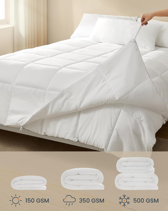 SONGMICS Pilota matlasata dubla, 4 anotimpuri, 150, 350 si 500 GSM, din microfibra, 200x200 cm, alb [12]