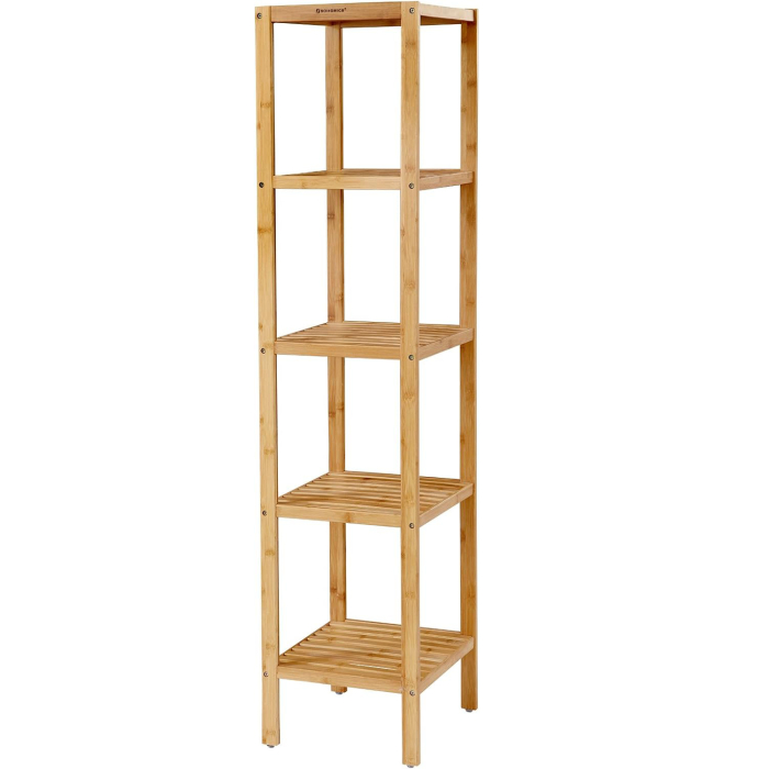 SONGMICS Raft de depozitare din bambus, 5 polite, pentru bucatarie sau baie, 146x33x33cm, maro natural [1]