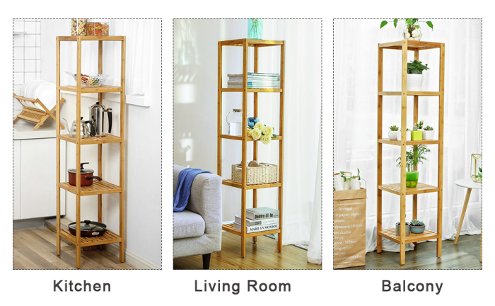 SONGMICS Raft de depozitare din bambus, 5 polite, pentru bucatarie sau baie, 146x33x33cm, maro natural [2]