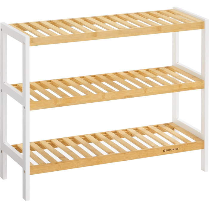 SONGMICS Raft de depozitare din bambus, cu 3 niveluri, 26x70x55cm, alb si maro [1]