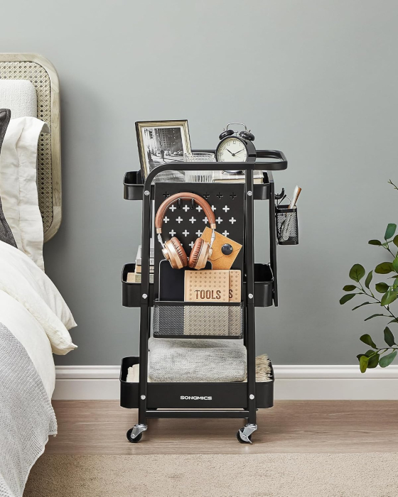 SONGMICS Raft de depozitare mobil tip carucior rulant, pentru baie sau bucatarie, cadru otel, 32x43x74 cm, negru [3]