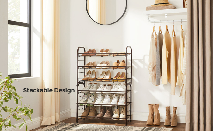 SONGMICS Raft de depozitare pantofi, din metal, pe 3 niveluri, cu rafturi unghiulare reglabile, 28x69x50cm, negru [2]