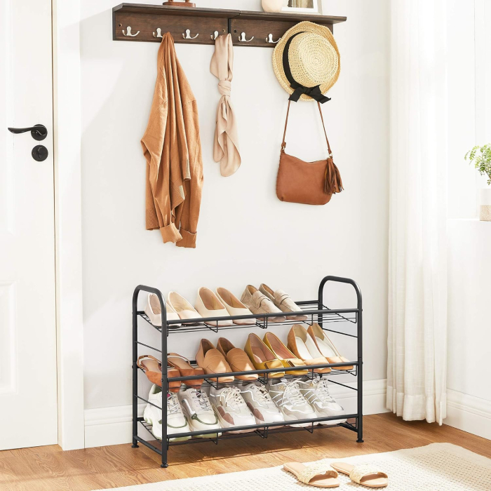 SONGMICS Raft de depozitare pantofi, din metal, pe 3 niveluri, cu rafturi unghiulare reglabile, 28x69x50cm, negru [6]