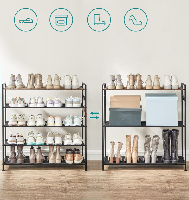 SONGMICS Raft de depozitare pantofi, metalic, 5 nivele din tesatura oxford, pentru 20-25 perechi, 29x89x93cm, maro rustic si negru [5]