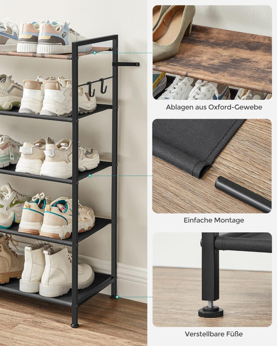 SONGMICS Raft de depozitare pantofi, metalic, 5 nivele din tesatura oxford, pentru 20-25 perechi, 29x89x93cm, maro rustic si negru [6]