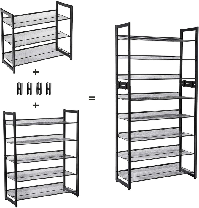 SONGMICS Raft de depozitare pantofi pe 5 niveluri, metal, rafturi plate sau unghiulare reglabile, 31x74x104cm, negru [5]