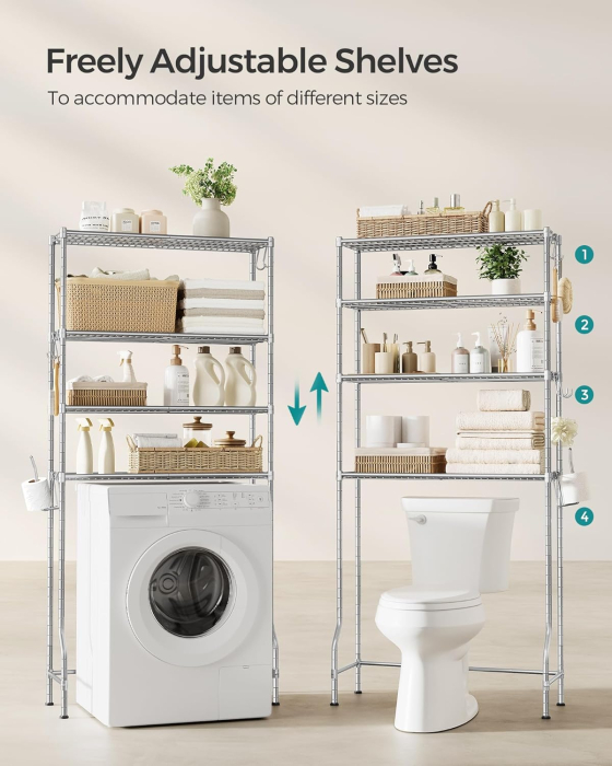 SONGMICS Raft de depozitare pentru baie, suprapunere peste masina spalat sau vas WC, 30x83x176 cm, argintiu [5]