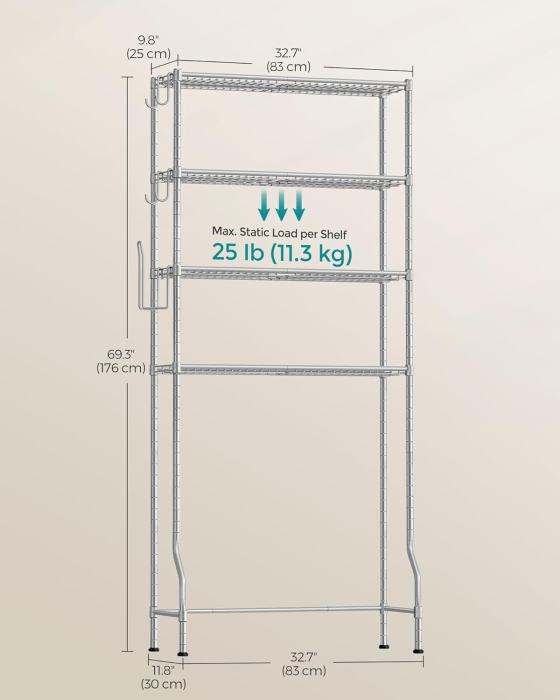SONGMICS Raft de depozitare pentru baie, suprapunere peste masina spalat sau vas WC, 30x83x176 cm, argintiu [3]
