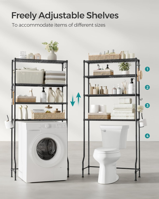 SONGMICS Raft de depozitare pentru baie, suprapunere peste masina spalat sau vas WC, 30x83x176 cm, negru [5]