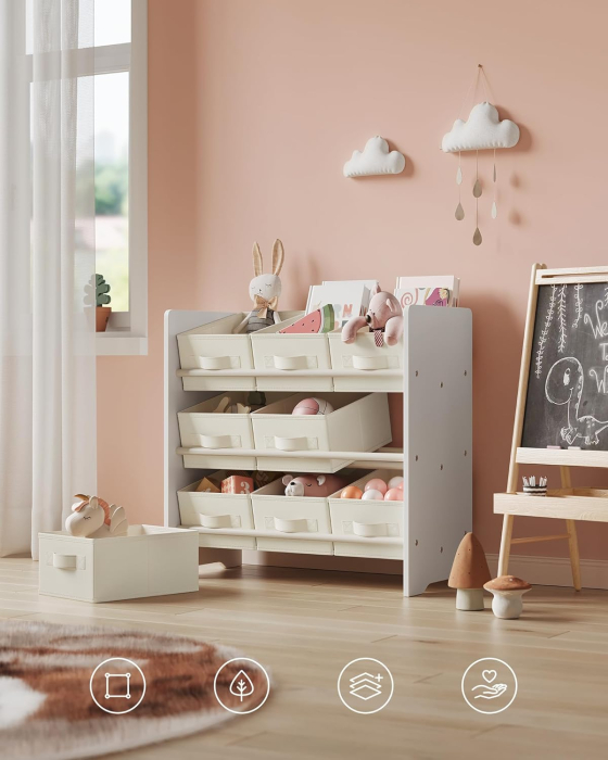 SONGMICS Raft jucarii si carti 63x30x60 cm, cu 9 cutii textile detasabile, MDF, alb [5]