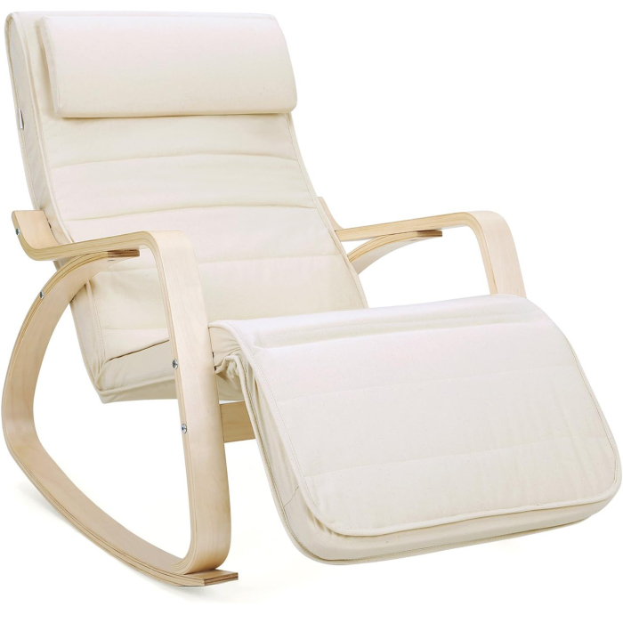 SONGMICS Scaun balansoar din lemn, suport picioare reglabil, maxim 150kg, 55x115x91cm, bej [1]