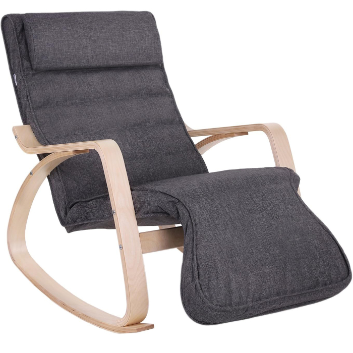 SONGMICS Scaun balansoar din lemn, suport picioare reglabil, maxim 150kg, 67x115x91cm, gri inchis [1]