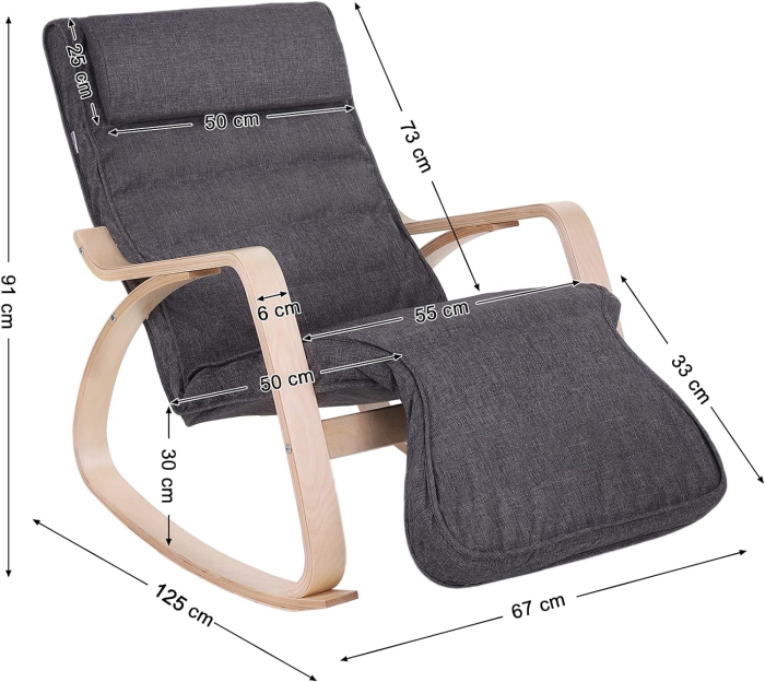 SONGMICS Scaun balansoar din lemn, suport picioare reglabil, maxim 150kg, 67x115x91cm, gri inchis [3]