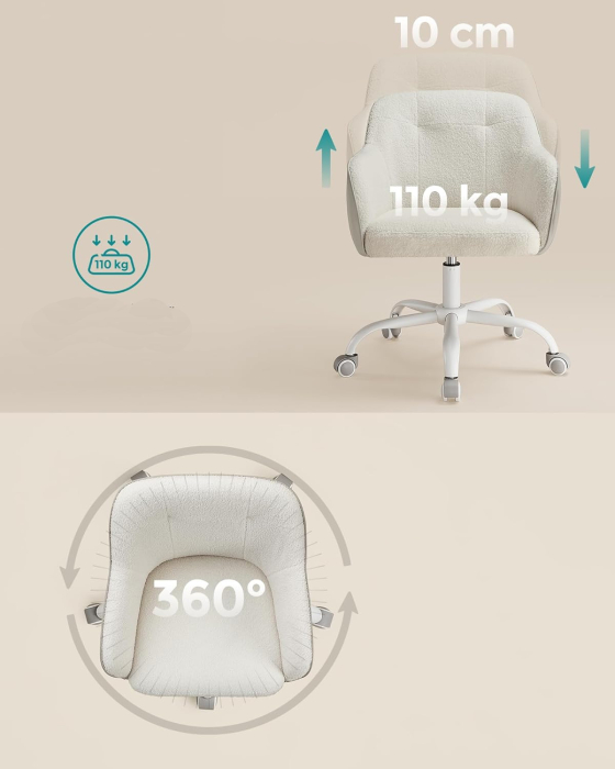 SONGMICS Scaun birou rotativ, reglabil pe inaltime, material sherpa si PU, cadru otel, 64x64x78-88cm, bej [5]