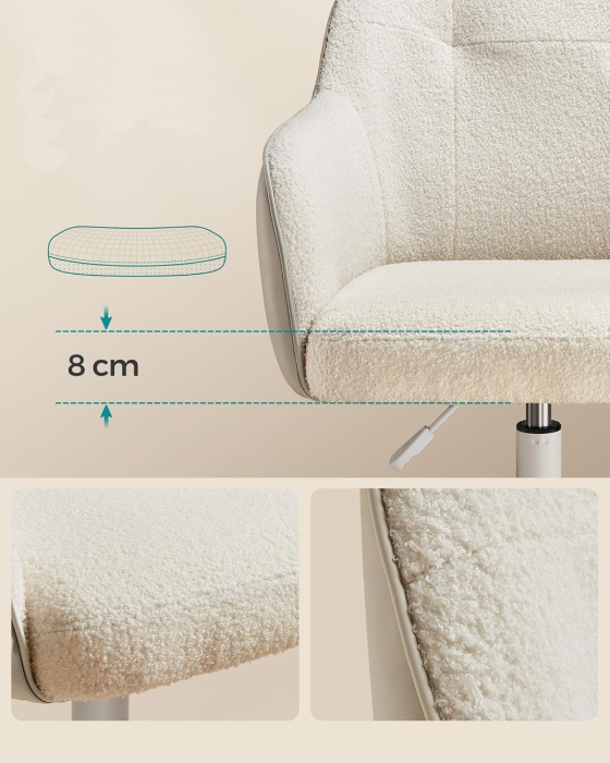 SONGMICS Scaun birou rotativ, reglabil pe inaltime, material sherpa si PU, cadru otel, 64x64x78-88cm, bej [4]