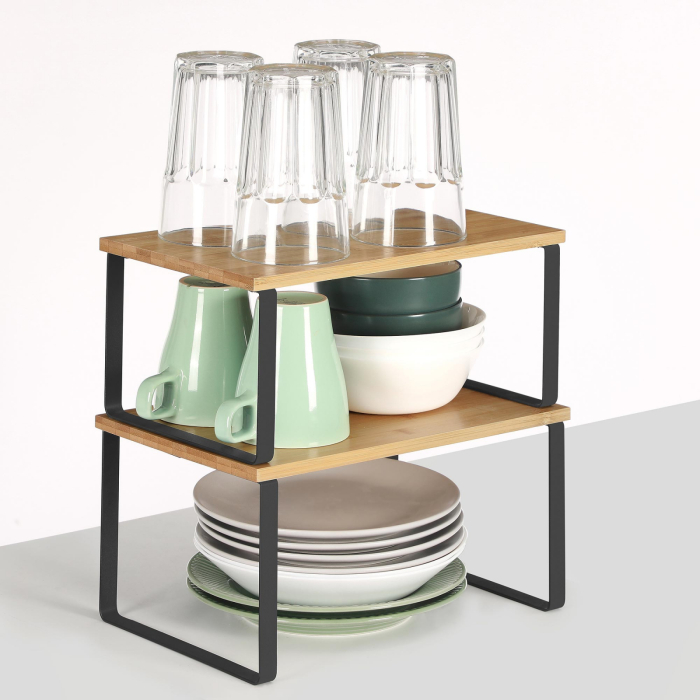 SONGMICS Set 2 rafturi de bucatarie suprapozabile, pentru ustensile sau condimente, 20x30x16cm, natur si negru [13]