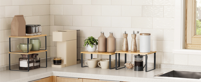 SONGMICS Set 2 rafturi de bucatarie suprapozabile, pentru ustensile sau condimente, 20x30x16cm, natur si negru [2]