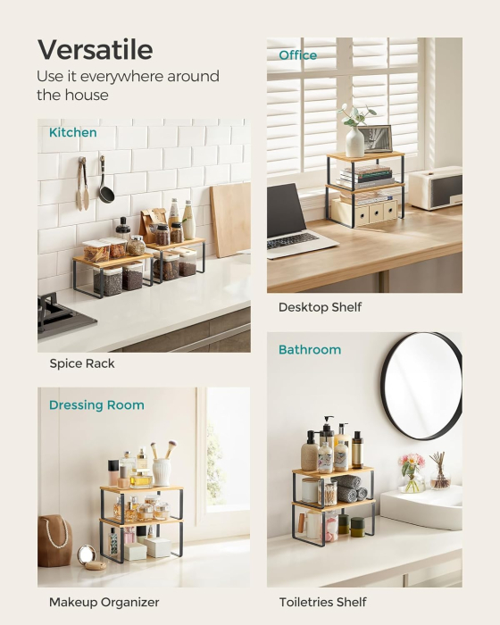 SONGMICS Set 2 rafturi de bucatarie suprapozabile, pentru ustensile sau condimente, 20x30x16cm, natur si negru [6]