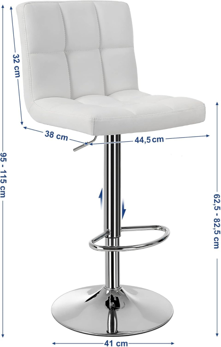 SONGMICS Set 2 scaune bar reglabile pe inaltime, cu spatar, sezut PU si suport picioare, rotatie 360°, 38x45x115 cm, alb [2]