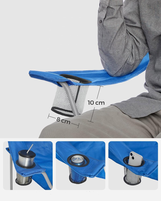 SONGMICS Set 2 scaune pliabile de camping sau pescuit, suport pahar, maxim 150kg, albastru [7]