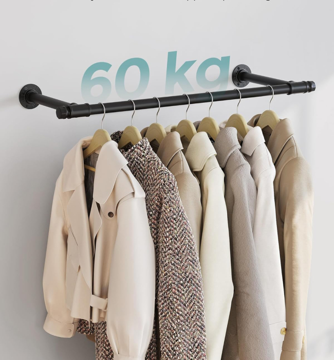 SONGMICS Set 2 sine metalice de agatat haine, montare pe perete, aspect industrial, 84x30x7cm, negru [5]