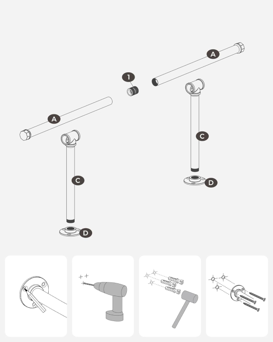 SONGMICS Set 2 sine metalice de agatat haine, montare pe perete, aspect industrial, 84x30x7cm, negru [2]