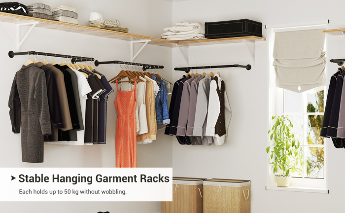 SONGMICS Set 2 sine metalice de agatat haine, montare pe perete, aspect industrial, 92x30x8cm, negru [7]