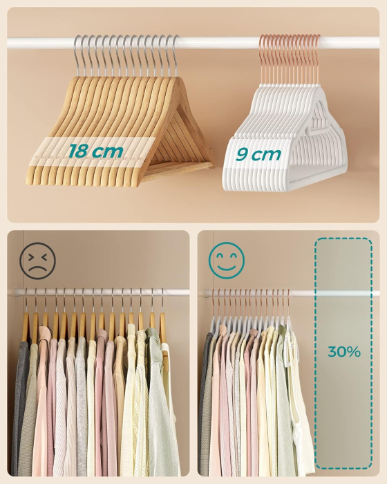 SONGMICS Set 30 umerase catifea cu carlig rotativ, 44x24 cm, alb [5]