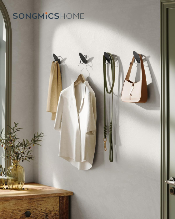 SONGMICS Set 4 carlige perete, design oval din otel, 5 kg per carlig, 9x5x7 cm, negru [4]