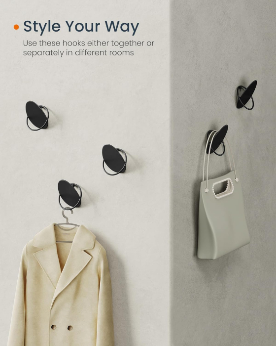 SONGMICS Set 4 carlige perete, design oval din otel, 5 kg per carlig, 9x5x7 cm, negru [6]