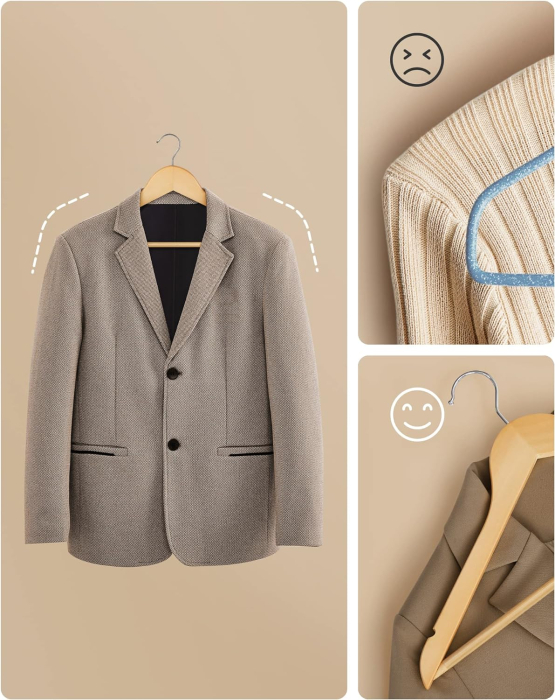 SONGMICS Set de 10 umerase din lemn, cu bara anti-alunecare pentru pantaloni, carlig pivotant la 360°, 45cm, natur [7]