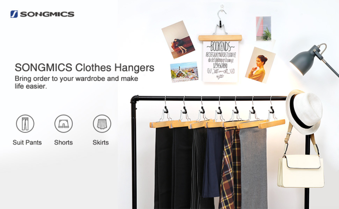 SONGMICS Set de 12 umerase din lemn pentru pantaloni, carlig antiderapant rotativ, 25cm, natural [9]