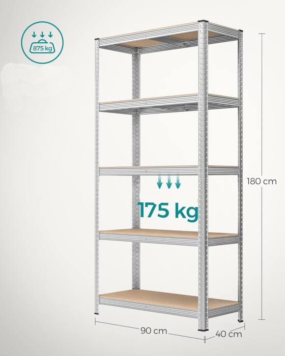 SONGMICS Set de 2 Rafturi de depozitare, cadru din otel armat, polite din MDF, max 2x875kg, 180x90x40cm, gri [2]