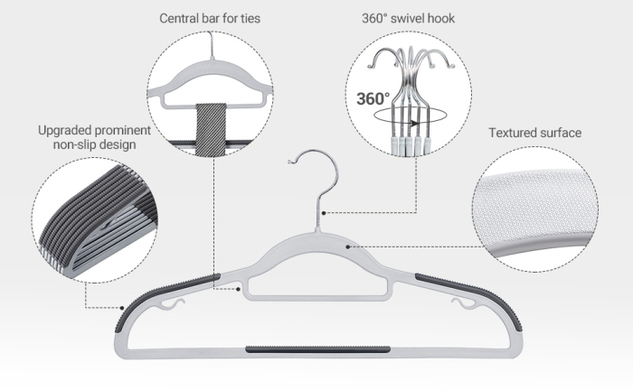 SONGMICS Set de 30 de umerase pentru haine, anti-alunecare, bara de cravata si carlig pivotant, 42cm, gri [2]