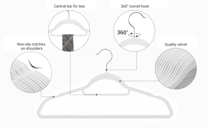 SONGMICS Set de 50 de umerase pentru haine, anti-alunecare cu catifea, bara de cravata si carlig pivotant, 43,5 cm, alb [2]