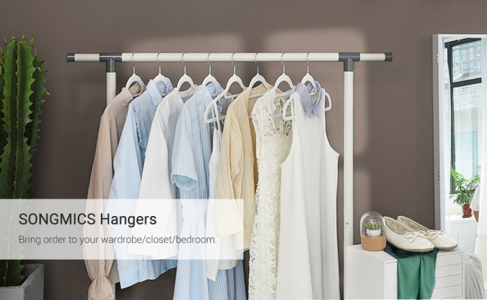 SONGMICS Set de 50 de umerase pentru haine, anti-alunecare cu catifea, bara de cravata si carlig pivotant, 43,5 cm, alb [3]