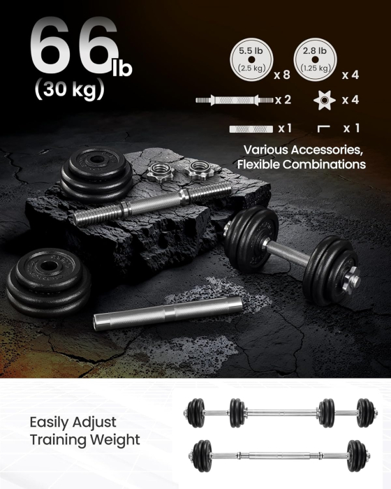 SONGMICS Set gantere reglabile 30 kg din fonta, 12 discuri, cu bara extensibila [5]