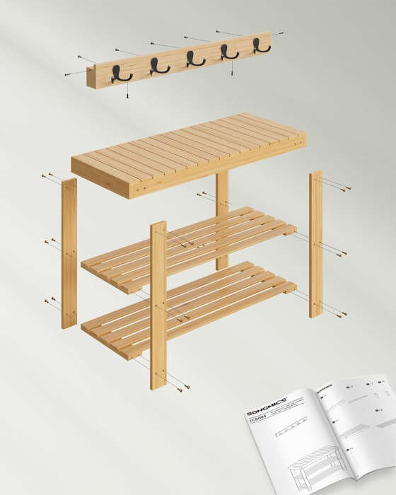 SONGMICS Set multifunctional pentru hol cu banca pentru pantofi si cuier, din bambus, 29x70x45 cm, maro natur [6]