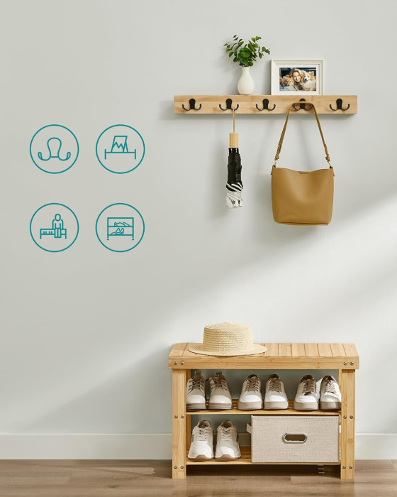 SONGMICS Set multifunctional pentru hol cu banca pentru pantofi si cuier, din bambus, 29x70x45 cm, maro natur [4]