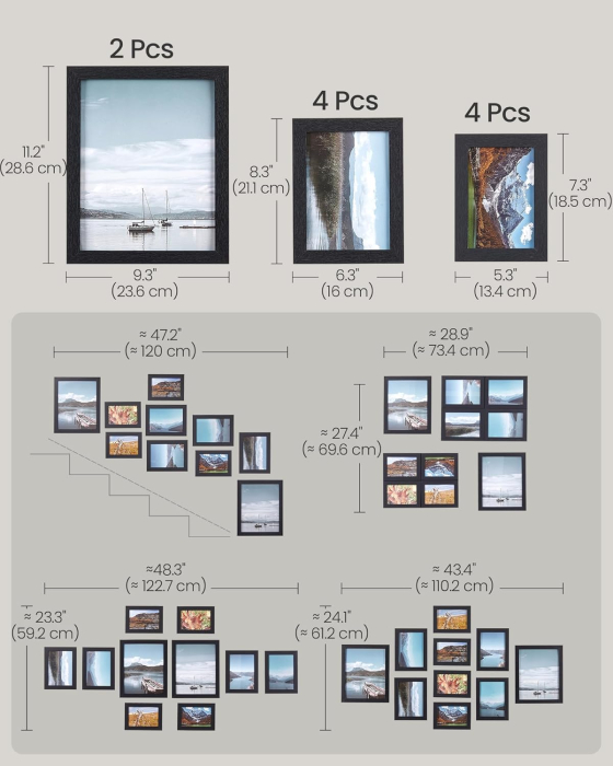 SONGMICS set rame foto 10 buc, 28x24 / 21x16 / 18x13 cm, negru, montaj perete sau birou, MDF si plastic [4]