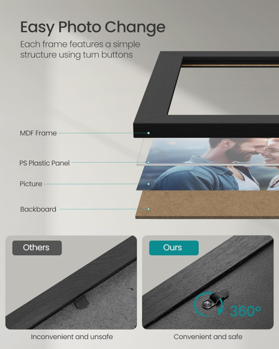 SONGMICS set rame foto 10 buc, 28x24 / 21x16 / 18x13 cm, negru, montaj perete sau birou, MDF si plastic [5]