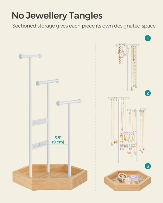 SONGMICS Stand organizator de bijuterii, cu cadru metalic, suport cercei, bratara, colier, inele, 18x21x36cm, alb [6]