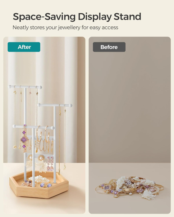 SONGMICS Stand organizator de bijuterii, cu cadru metalic, suport cercei, bratara, colier, inele, 18x21x36cm, alb [8]