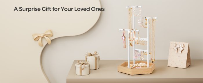 SONGMICS Stand organizator de bijuterii, cu cadru metalic, suport cercei, bratara, colier, inele, 18x21x36cm, alb [3]