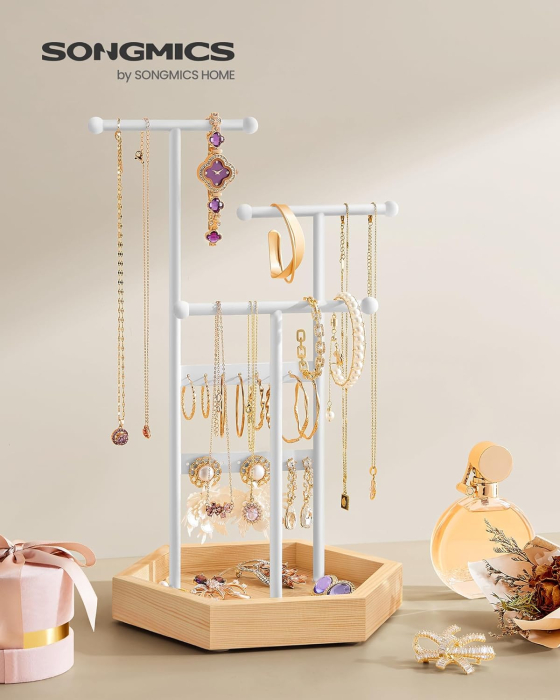 SONGMICS Stand organizator de bijuterii, cu cadru metalic, suport cercei, bratara, colier, inele, 18x21x36cm, alb [4]
