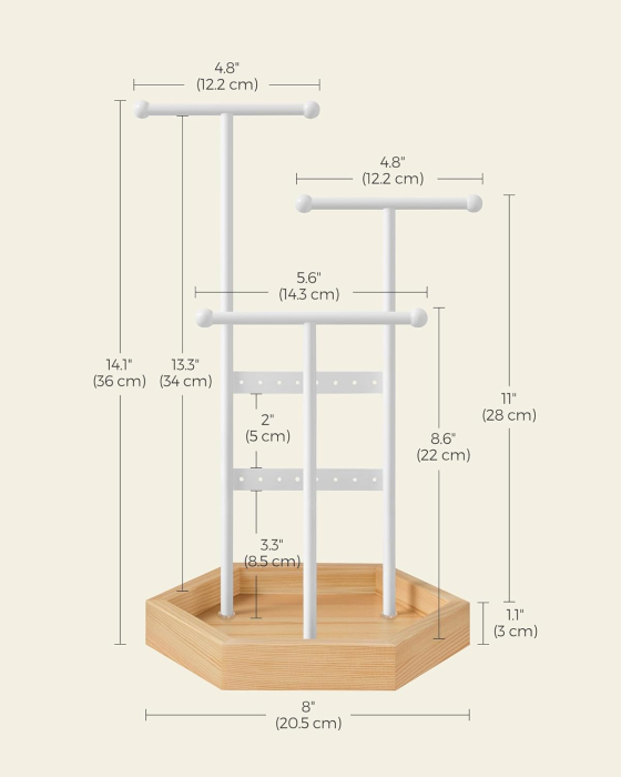 SONGMICS Stand organizator de bijuterii, cu cadru metalic, suport cercei, bratara, colier, inele, 18x21x36cm, alb [7]