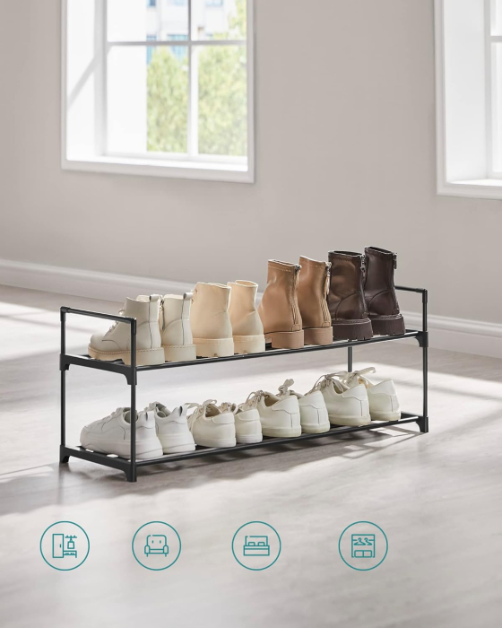 SONGMICS Suport pantofi 92x30x34 cm, 2 niveluri, suprapozabil, structura metalica, negru [5]